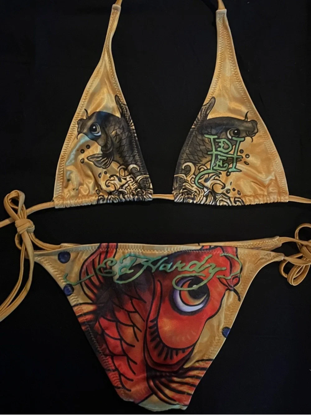 Ed Hardy Vintage Gold Triangle Bikini with Red & Black Koi Tattoo Fish Print
